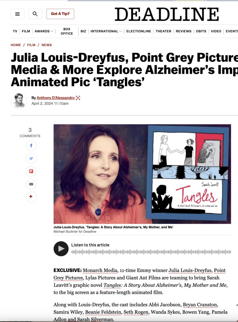 Screenshot of Deadline article about Tangles film cast, featuring photo of Julia Louis-Dreyfus and book cover of Tangles.